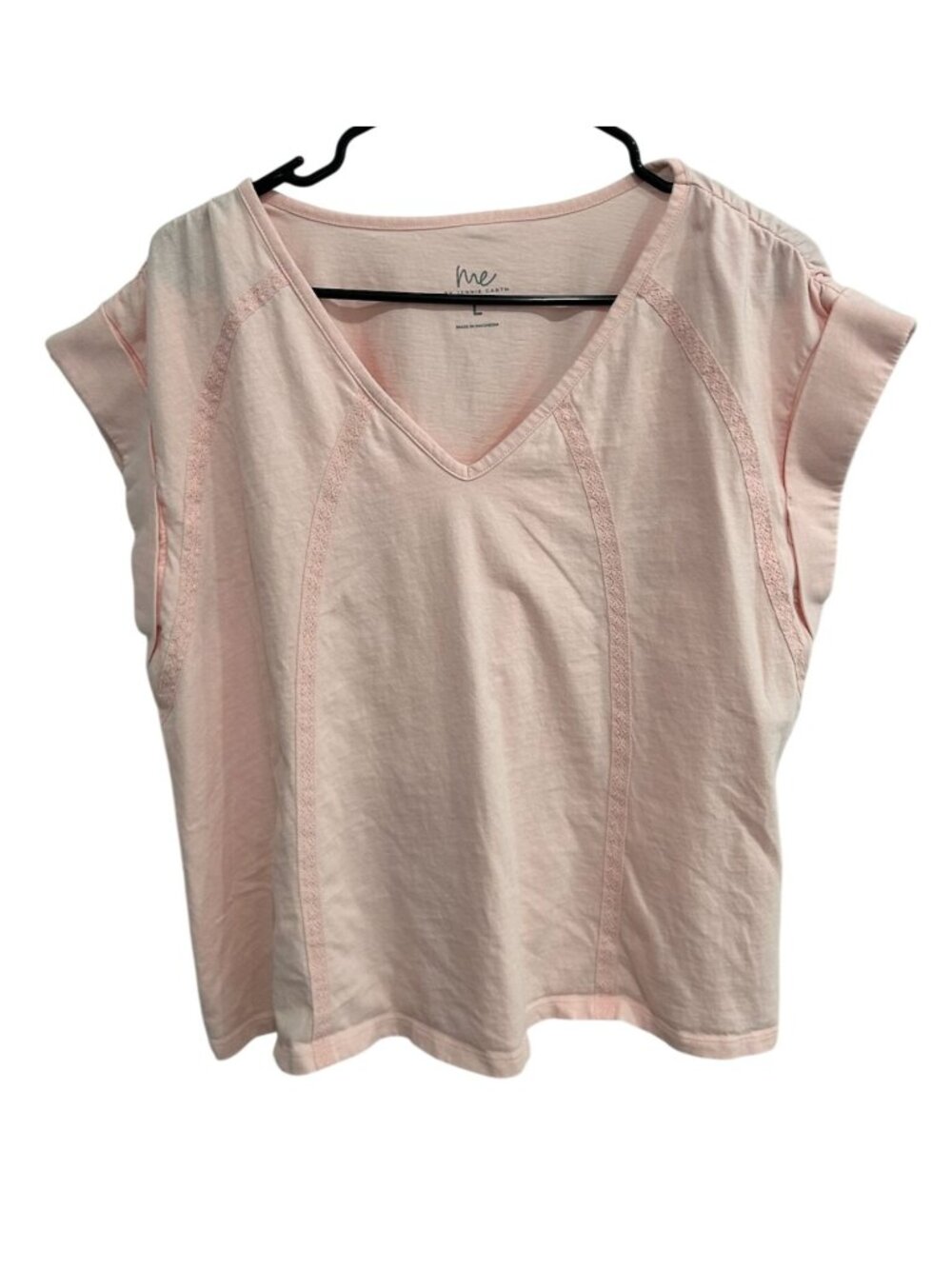 Me By Jennie Garth Large Pink V-Neck Top Lace Accents Cotton Soft Girl